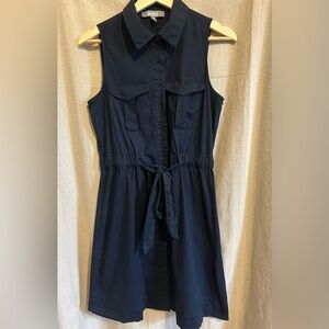 Marled Shirt Dress Button-Up Sleeveless Tie Waist Button Up Medium Navy Blue